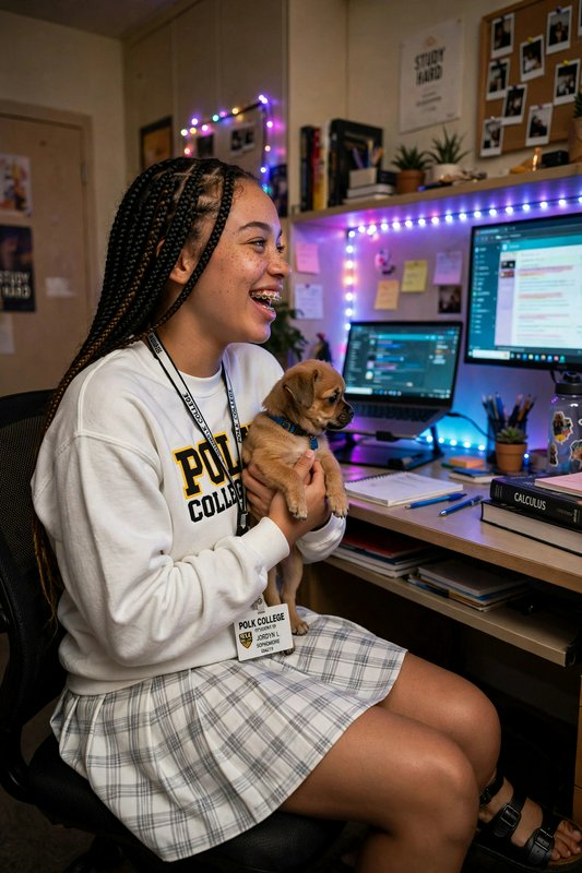 Laughing female college student holds a tiny tan puppy while seated at her LED-lit dorm study desk