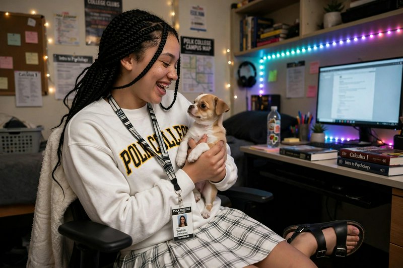 Smiling college student holds a tiny chihuahua puppy in her cozy, colorfully decorated campus dor...