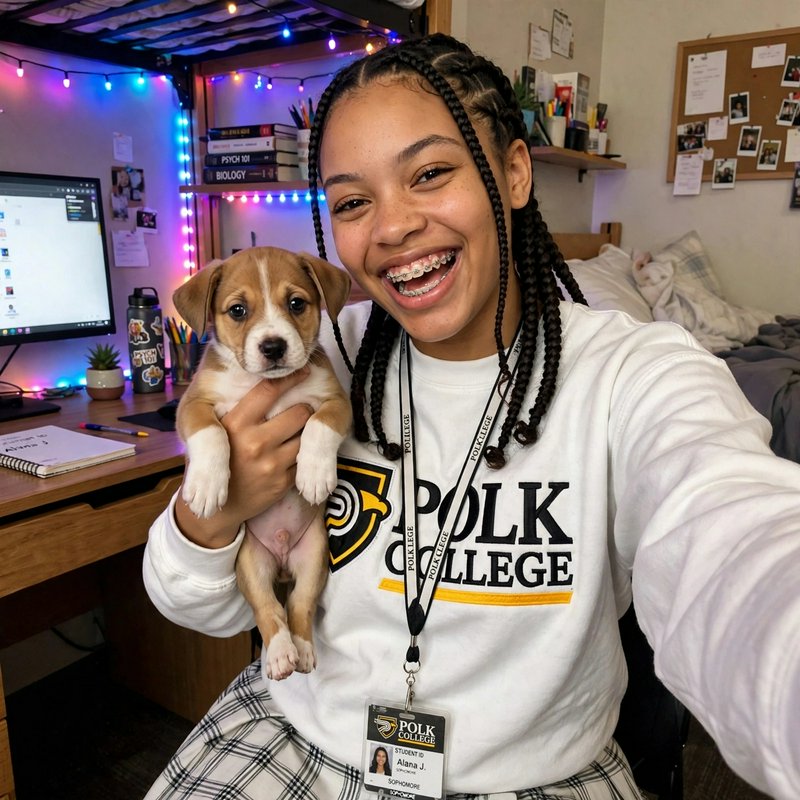 Happy female college student holds a cute tan and white puppy while taking a selfie in her cozy d...