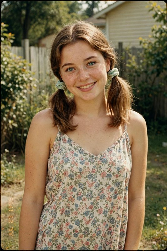 Vintage 1995 film portrait of smiling freckled young woman with pigtails standing in a sunny back...
