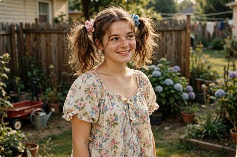 Smiling freckled teen girl with mismatched scrunchie pigtails stands in a sunlit cozy backyard co...