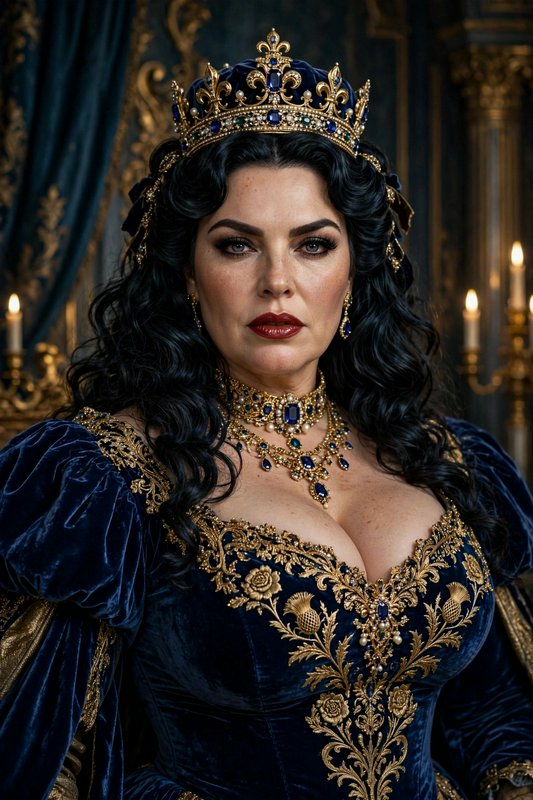 Portrait of a regal mature queen wearing a jeweled sapphire crown and rich navy velvet embroidere...
