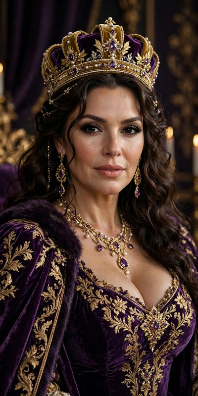 Close-up portrait of a regal queen wearing an ornate purple and gold crown, embroidered velvet go...