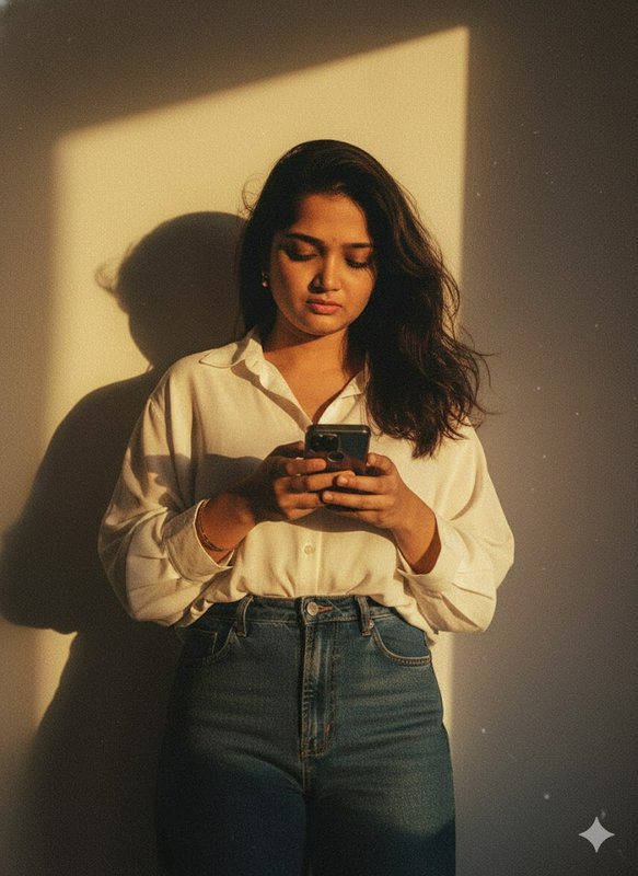 Young South Asian woman in casual clothing looking down at her smartphone, lit by warm golden win...