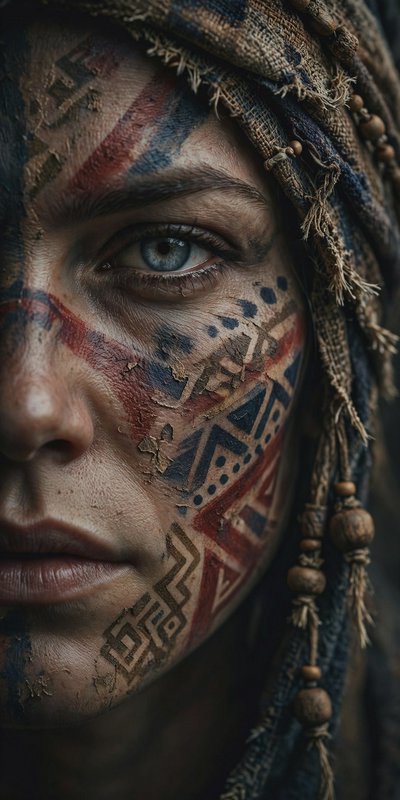 Close-up portrait of a stoic woman with geometric tribal face paint, frayed beaded headwrap, and ...