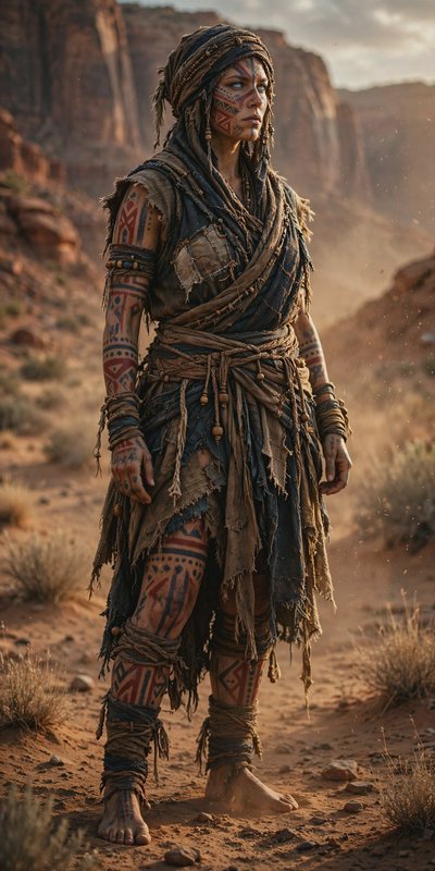Stoic tattooed tribal female nomad stands barefoot in a hazy sunlit red rock desert canyon in fra...