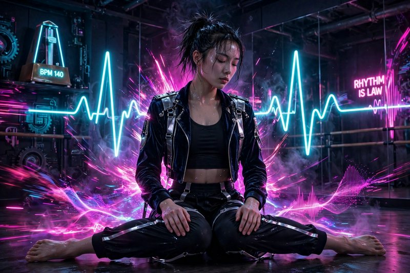 [Young East Asian dancer meditates surrounded by glowing neon EKG waveforms in a moody cyberpunk dance studio]
