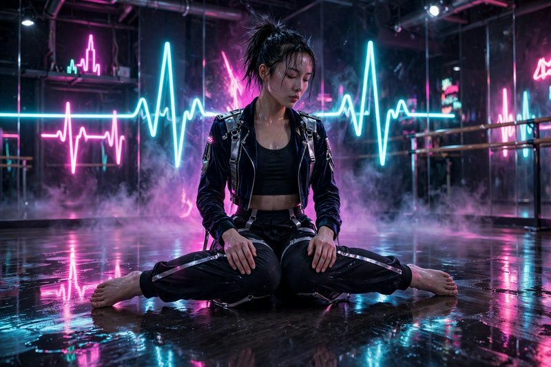 Sweaty young female dancer rests cross-legged on wet studio floor, glowing neon heartbeat lights ...
