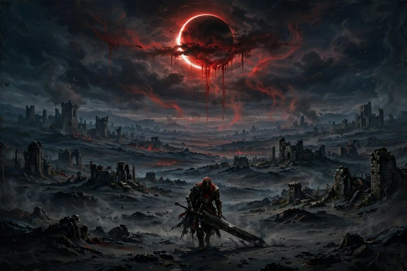 Hooded armored fantasy knight with a massive greatsword stands in a ruined wasteland beneath a gl...
