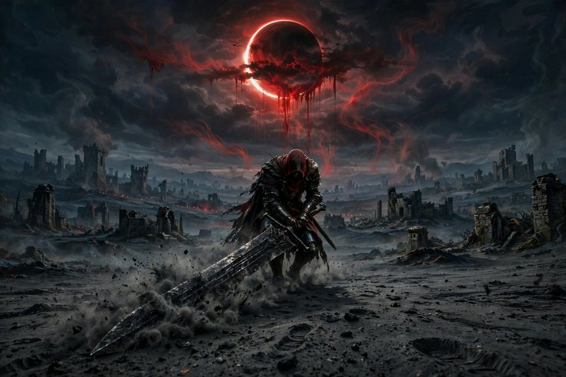 Hooded armored fantasy knight leans on a massive greatsword in a ruined battlefield under a glowi...