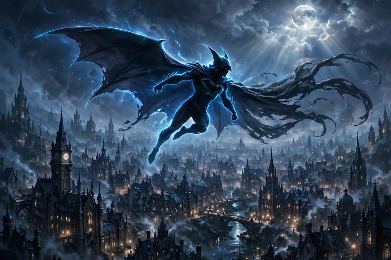 Bat-themed winged superhero soars over misty gothic city under a full moon, blue energy outlining...