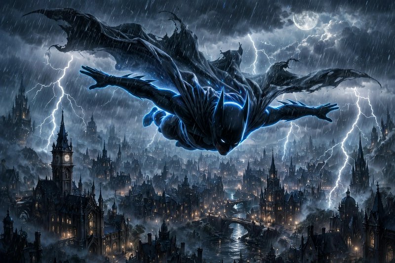 Batman glides through a stormy rainy sky above gothic Gotham City as lightning strikes beneath a ...