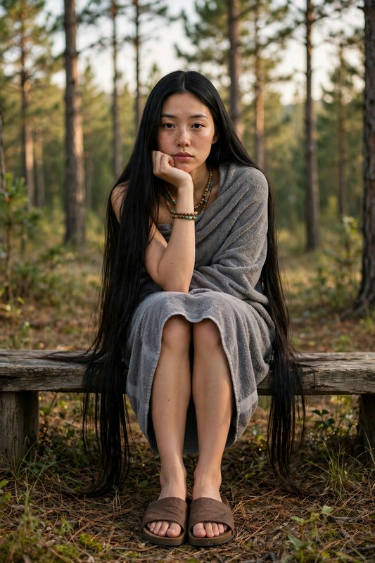 Pensive young East Asian woman with long straight black hair sits on a rustic bench in a sunlit p...