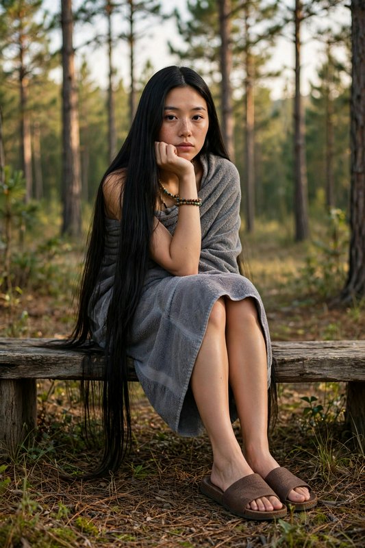 Young East Asian woman with long straight black hair sits thoughtfully on a rustic log bench in a...