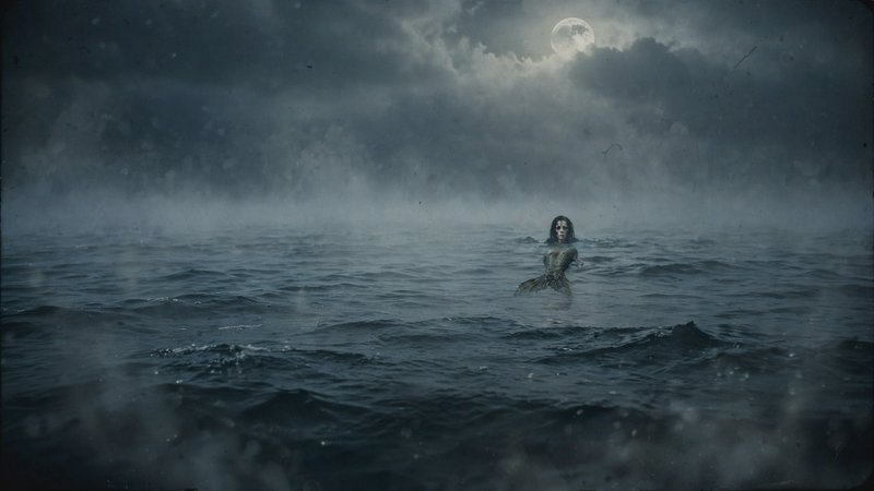 Ghostly undead siren emerges from choppy dark ocean under a foggy, cloud-shrouded full moon night...