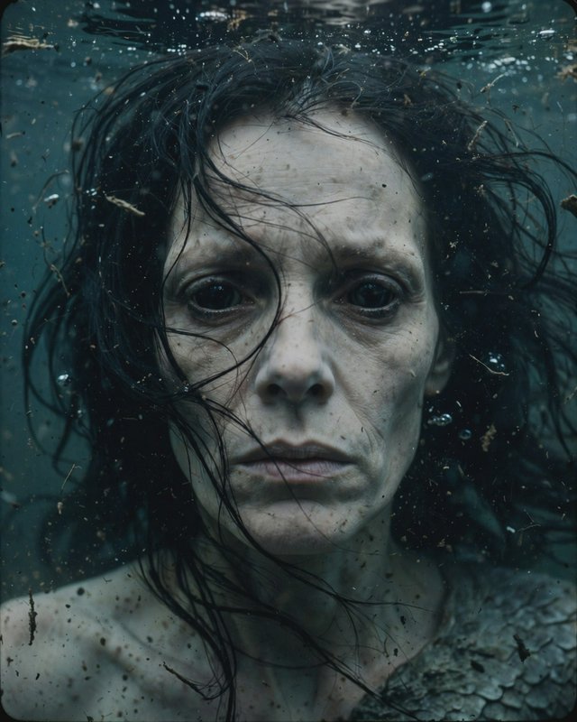 Close-up portrait of a gaunt pale woman with wet dark hair, floating submerged in murky debris-fi...
