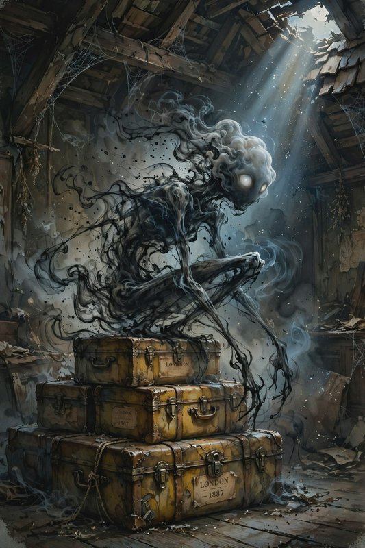 Ethereal wispy ghost perched on stacked 1887 vintage suitcases in a crumbling cobweb-covered aban...