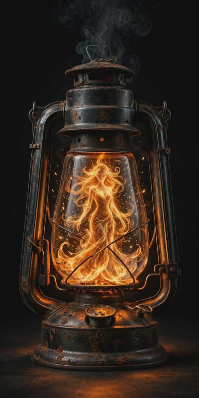 Weathered rusted vintage hurricane lantern holds a glowing fiery female spirit inside its glass, ...