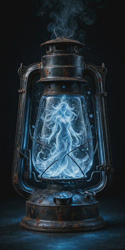 Rusted vintage hurricane lantern holding a glowing ethereal icy blue female spirit, wispy smoke r...