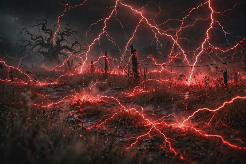 Crimson red lightning crackles across a foggy stormy barren field, with a twisted dead tree and w...