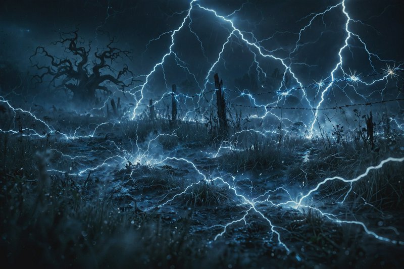Bright blue lightning bolts crisscross a foggy stormy rural field, with a twisted dead tree and b...