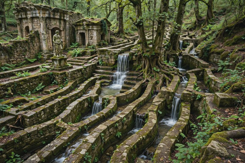 Overgrown ancient stone fountain ruins with winding cascading water channels, classical statue, n...