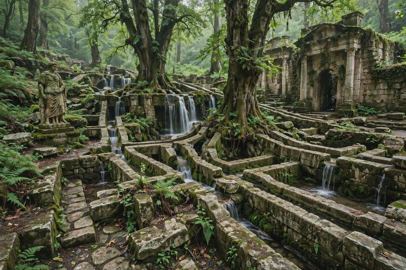 Overgrown ancient stone water garden ruin with cascading streams, classical statue, and misty old...
