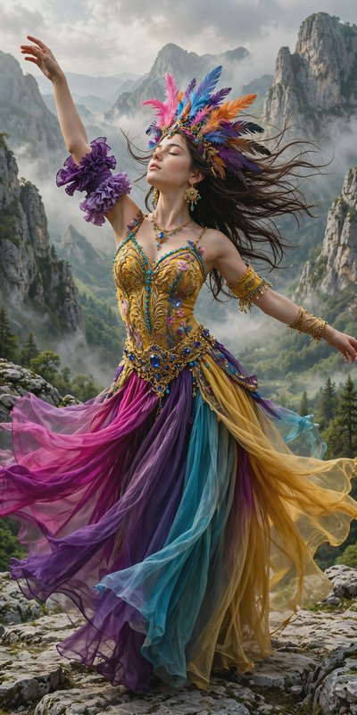 Graceful fantasy dancer with a bright feather headdress dances on a misty mountain cliff, her col...