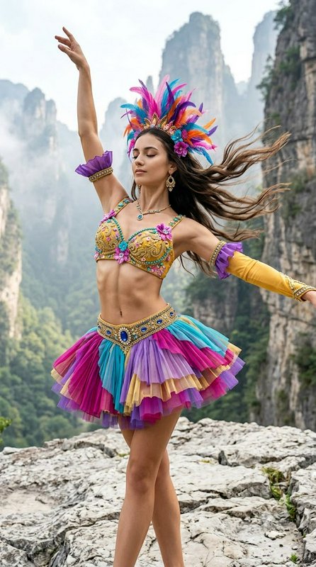 Graceful dancer in vibrant feathered carnival costume strikes a pose on a rocky cliff overlooking...