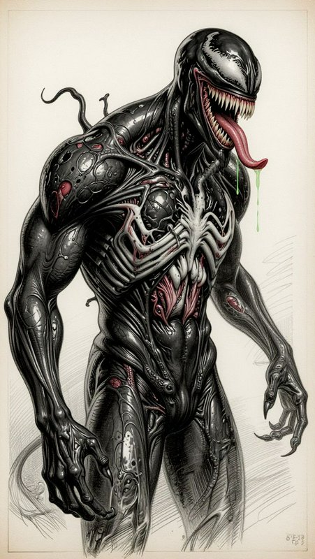Detailed concept art of menacing Venom symbiote with glossy black alien body, sharp fangs, long t...