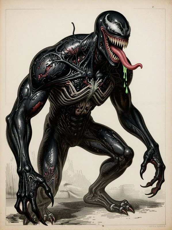 Vintage anatomical illustration of Venom symbiote crouched in aggressive stance, fanged mouth, lo...