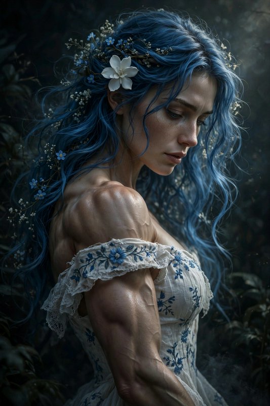 Pensive muscular fantasy woman with flower-adorned long blue hair stands in a dark misty forest