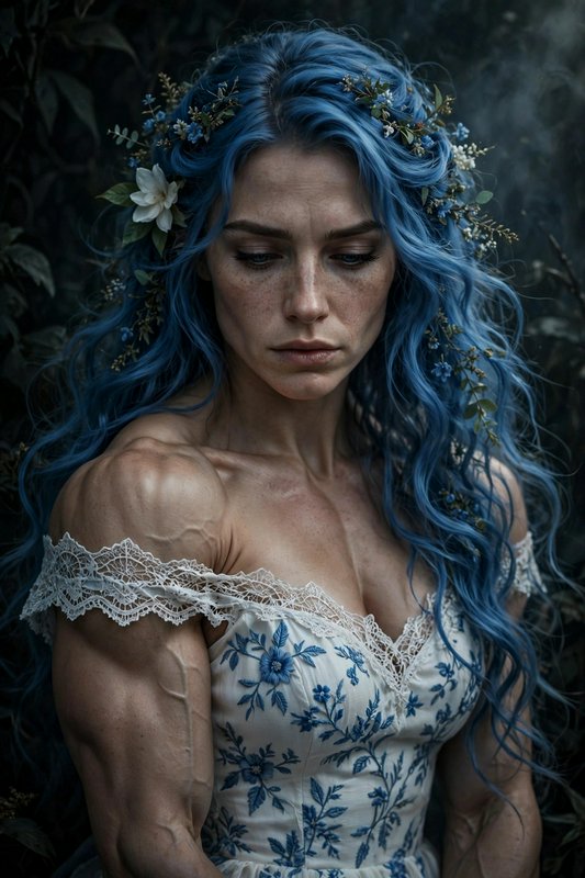 Muscular fae woman with wavy blue flower-crowned hair gazes downward in a dark misty forest