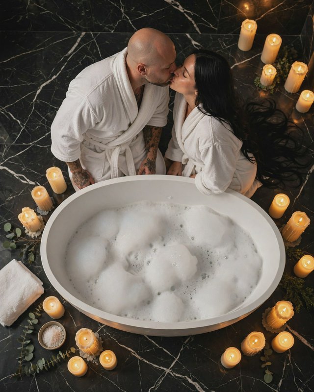 Couple in matching white bathrobes kiss beside a foamy bubble bath ringed with lit candles