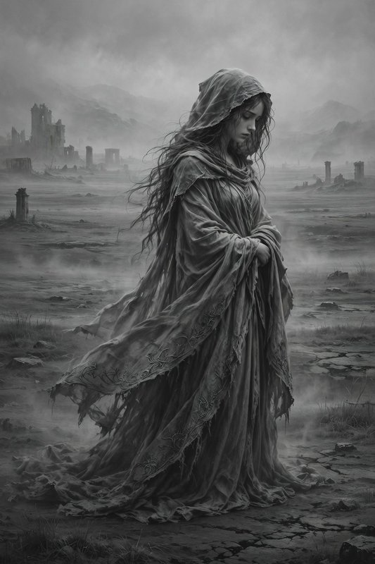Hooded grieving woman in tattered robes stands in a misty barren field of ancient crumbling ruins