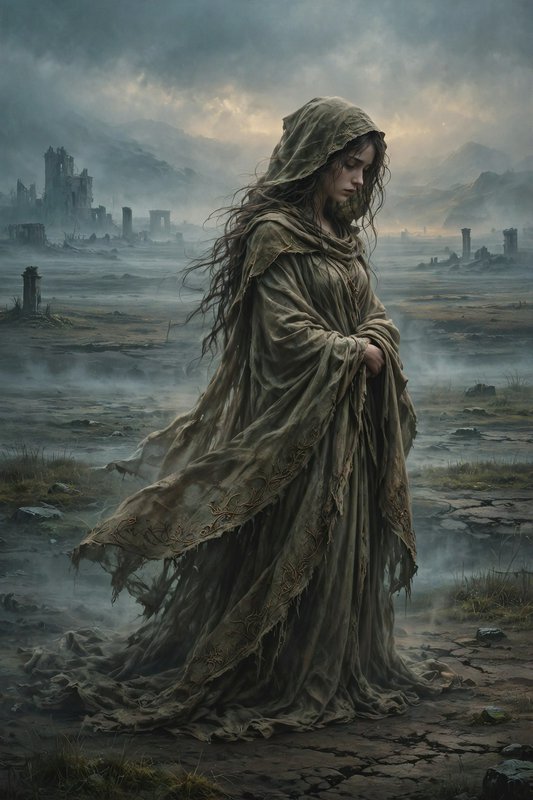 Hooded grieving woman in tattered robes stands before mist-shrouded ancient battlefield ruins