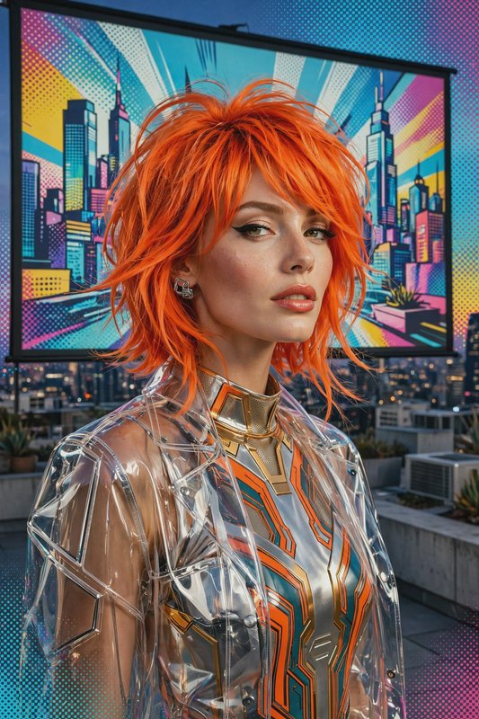 Woman with spiky bright orange hair in futuristic attire stands before a pop art cityscape backdrop