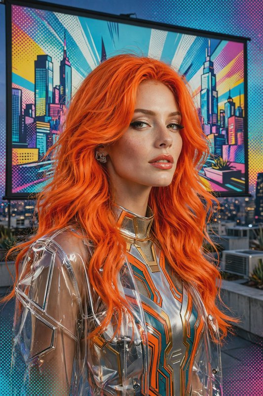 Woman with long wavy bright orange hair in futuristic attire stands before a pop art city skyline...