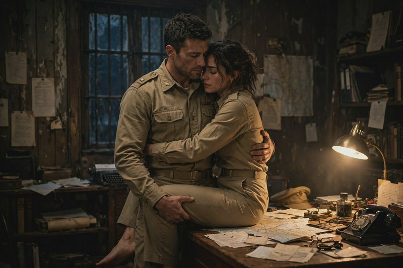 Tender WWII military couple embrace as the woman sits on a cluttered vintage office desk