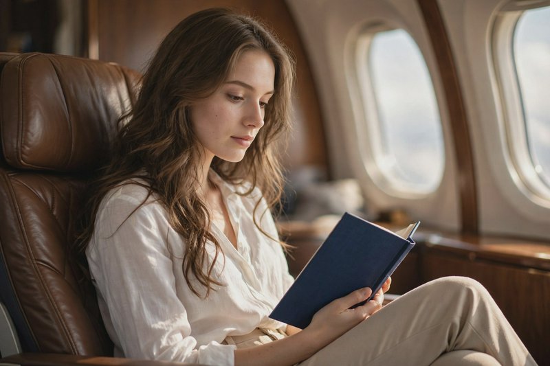Young woman reading a blue hardcover book while seated in a plush private jet leather seat