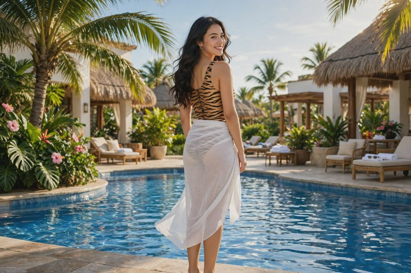 Smiling woman in tiger print swimsuit and sheer white sarong stands at a luxury tropical resort p...