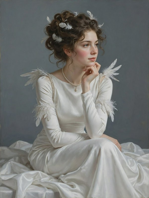 Pensive young Regency-style woman in a feather-trimmed white silk gown rests her chin thoughtfull...