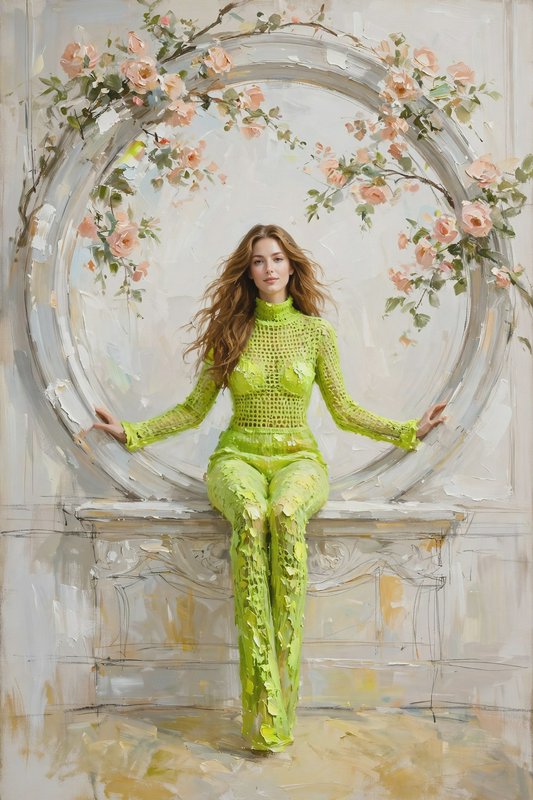 Impressionist portrait of a woman in a bright lime green suit seated below a rose-draped circular arch