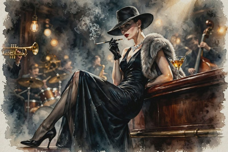 Glamorous 1920s woman in a black gown and fedora leans on a speakeasy bar as a jazz band plays in the background