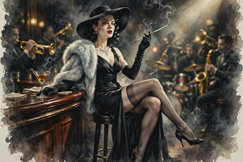 Elegant 1940s femme fatale sits at a smoky speakeasy bar with a martini and cigarette holder