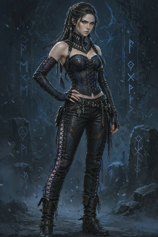 Fierce braided nordic warrior woman in rune-etched leather stands confidently in a misty runestone clearing