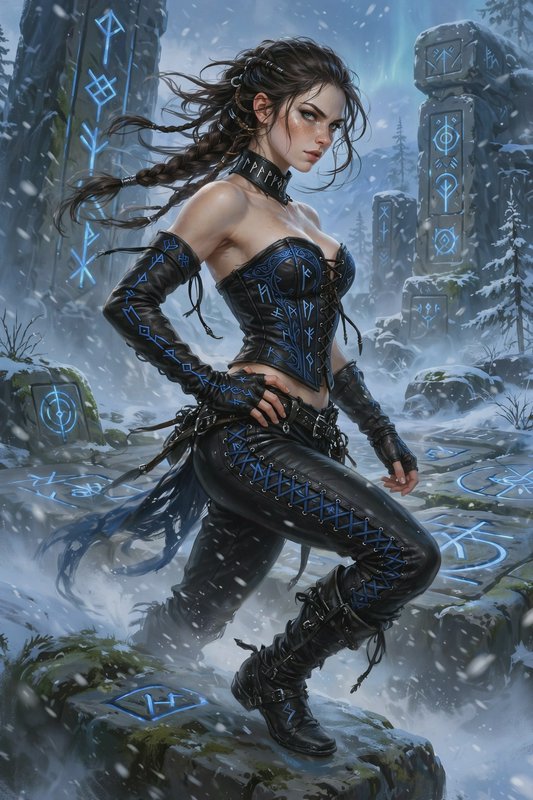 Fierce viking shieldmaiden in rune-etched leather stands among glowing runestones in a snowy norse landscape
