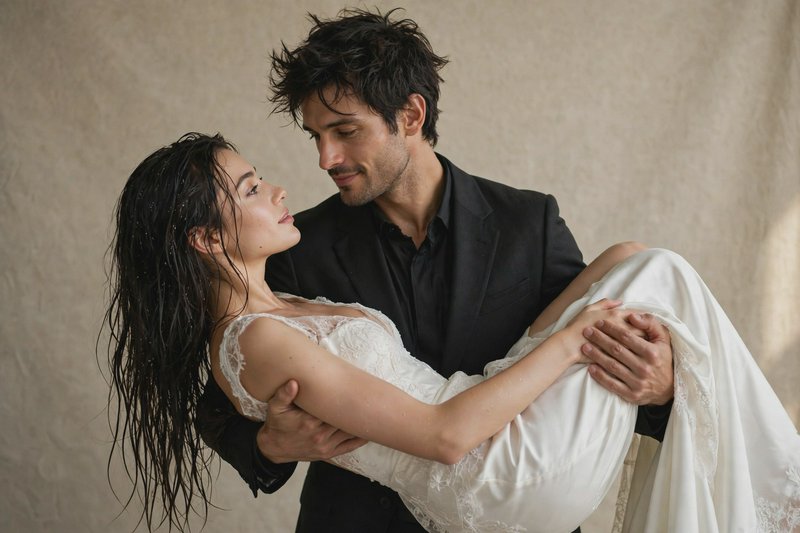 Groom in a black suit holds his bride in a lace wedding dress in a tender bridal carry studio por...