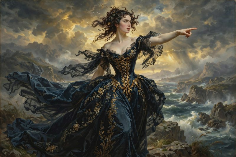 Regal woman in an ornate black and gold gown points while standing on a stormy coastal cliff at g...