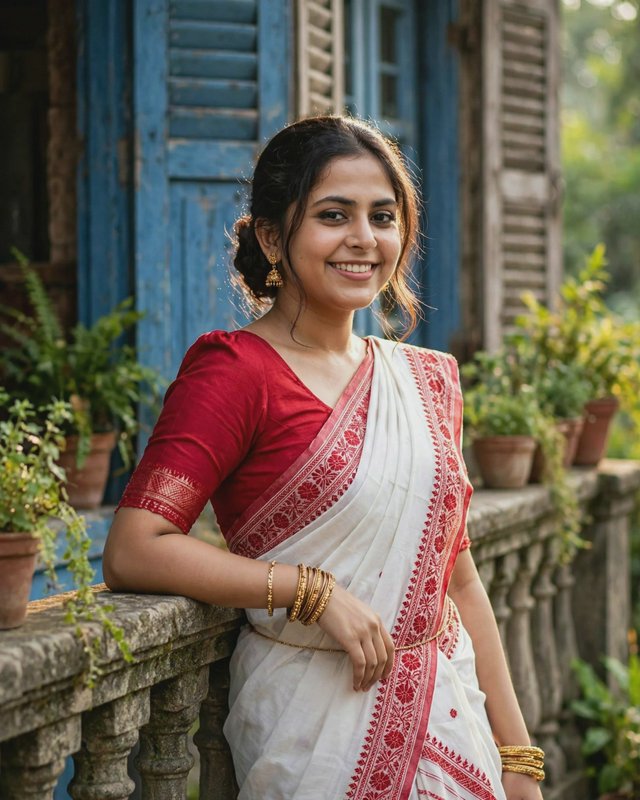 Smiling South Asian woman in a red embroidered white saree leans on a weathered stone balcony sur...
